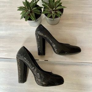 Nine West Devika Black Sequin Block Heel Pumps.  Size: 7.5